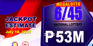 6/45 Megalotto Result today July 18, 2022